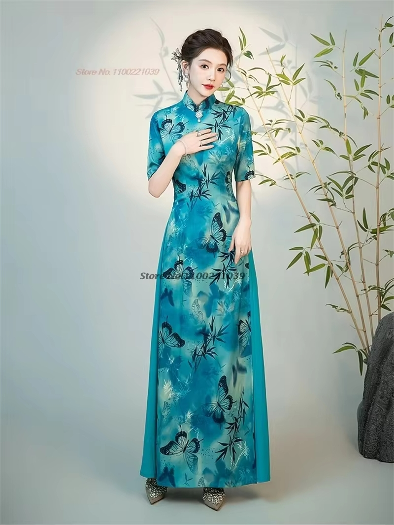 Ao Dai Vietnam Dress - Robe cheongsam chinoise améliorée à imprimé
